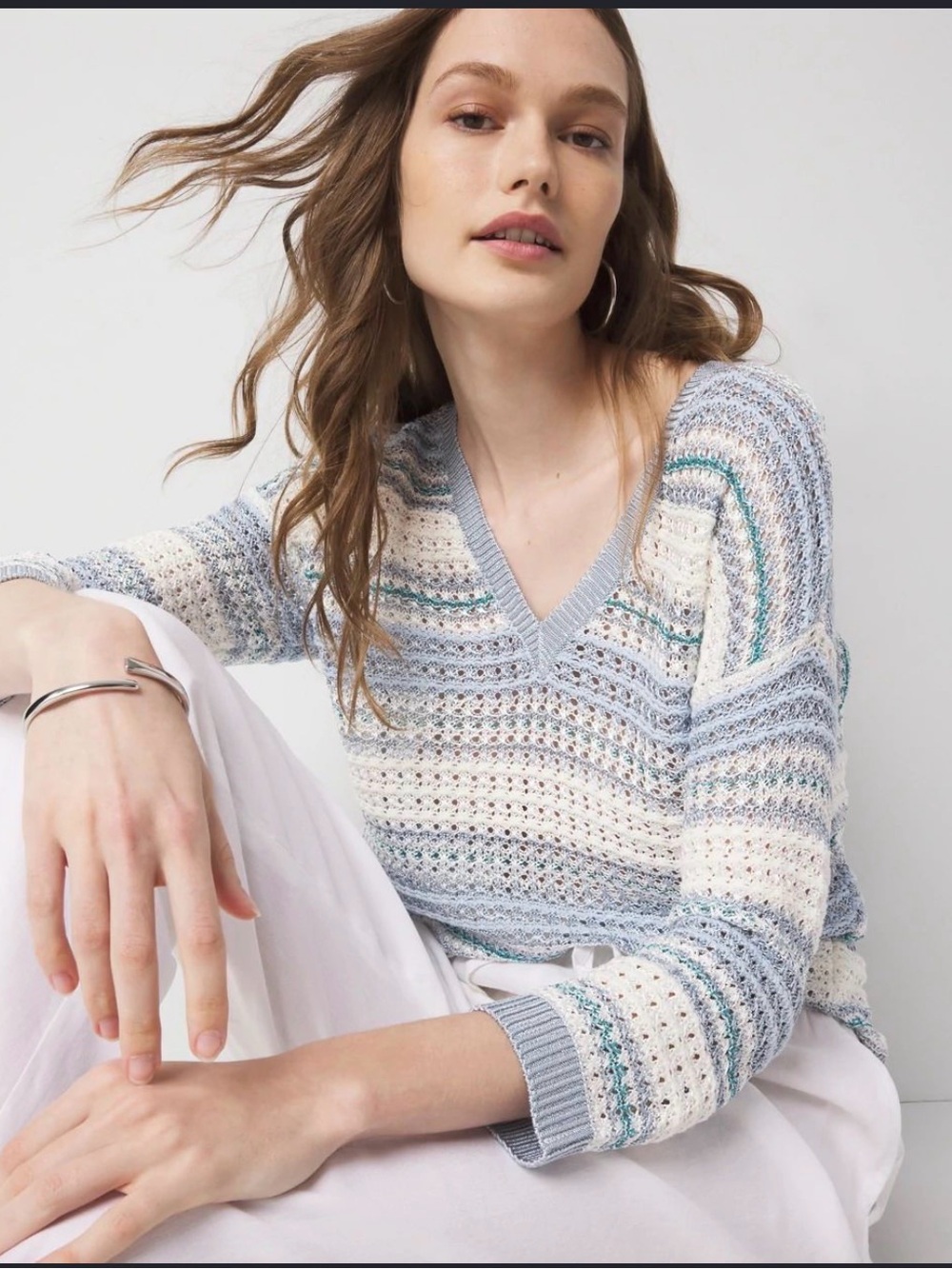 White House Black Market V-Neck Sweater in Light Blue and Cream NWT Medium
